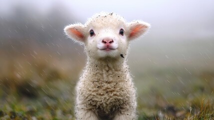 Fototapeta premium Cute lamb in rain, pasture background, spring farm