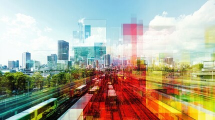 Fototapeta premium Abstract cityscape with trains and colorful geometric overlays present