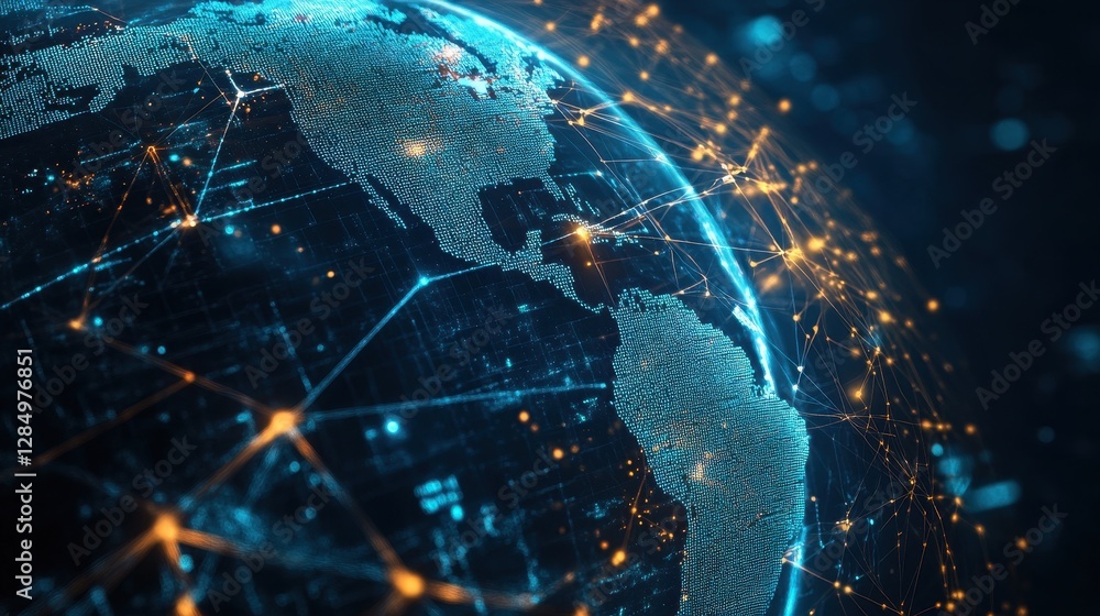 Poster a digital globe with glowing lines representing global network connections, overlaid on a dark textu