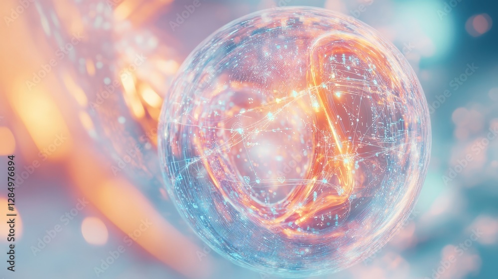 Poster complex network of interconnected nodes flowing within transparent sphere, symbolizing global cyber 