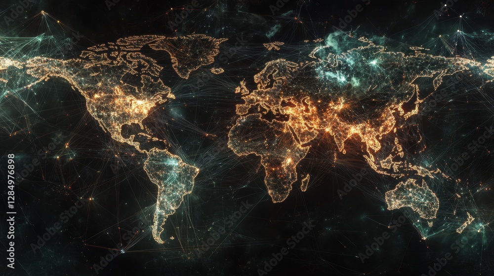 Poster a digital network map of the world with interconnected dots, illustrating global connectivity and th