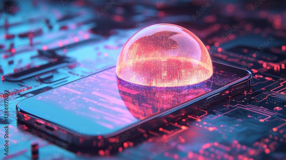 Poster glowing force field enveloping a smartphone on a circuit board, representing mobile security and dat