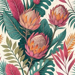 Vibrant Floral Seamless Pattern Tropical Paradise Digital Art Botanical Overhead View Nature-Inspired Design