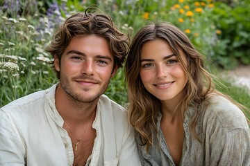 Fototapeta premium Couple smiling, garden, summer, romance