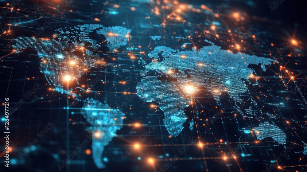 Poster a digital world map with glowing lines and network connections, displayed on a dark textured backgro