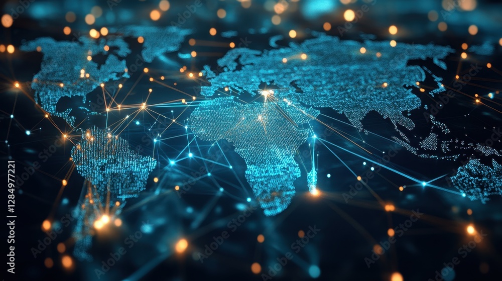 Aufkleber a digital world map with glowing lines and network connections, displayed on a dark textured backgro