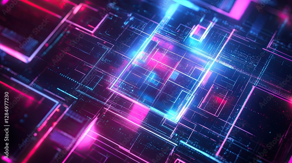 Poster futuristic geometric shapes in neon colors, creating an abstract digital composition, perfect for te