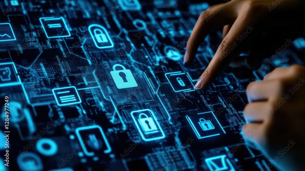 Poster cybersecurity engineer managing network security and protecting sensitive data through innovative te