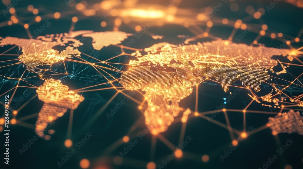 Poster a digital world map with glowing lines and network connections, displayed on a dark textured backgro