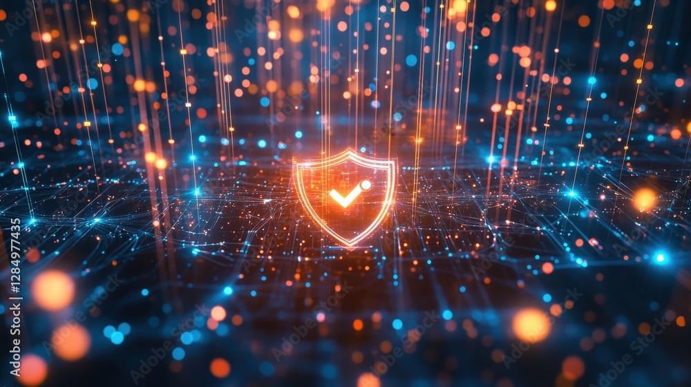 Aufkleber glowing shield with check mark symbolizes successful cyber security protection over complex network 