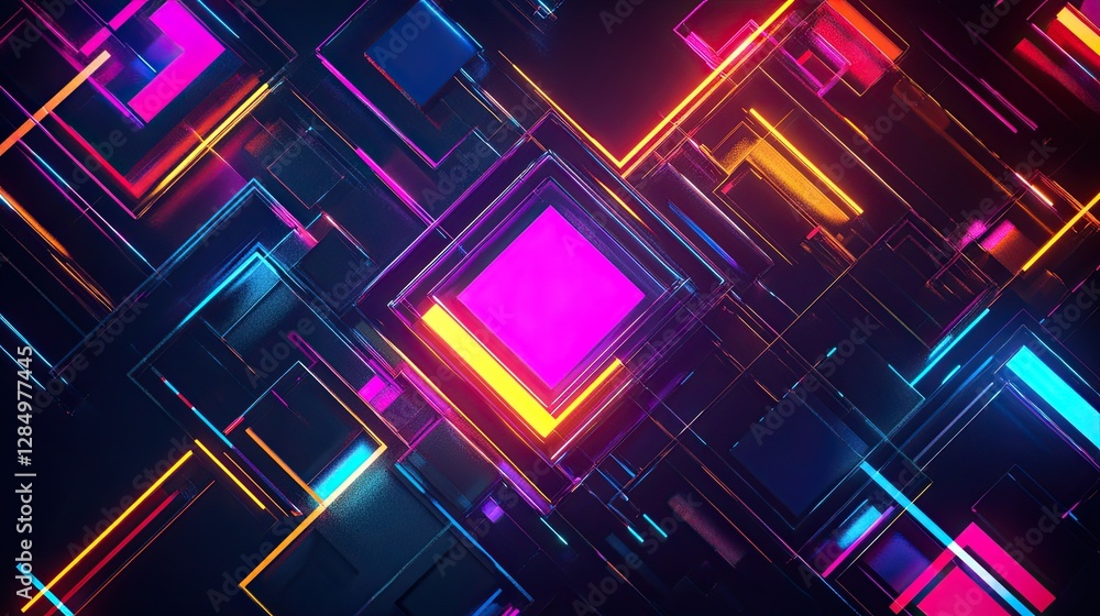 Poster futuristic geometric shapes in neon colors, creating an abstract digital composition, perfect for te