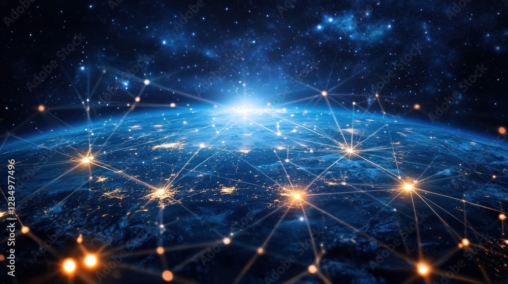 Poster a digital world with illuminated connections between continents, representing the flow of informatio