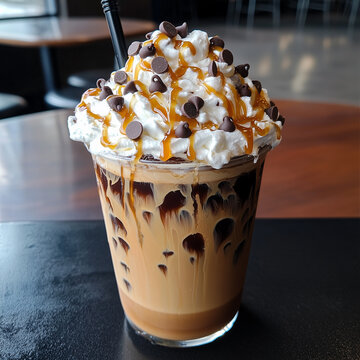  Close-up of a Java Chip Frappuccino in a Clear Plastic Cup, Topped with Whipped Cream, Caramel Sauce, and Chocolate Chips
