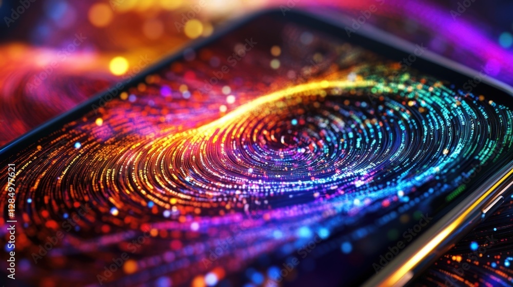 Poster colorful swirling lines of light and data stream across a mobile phone screen, representing cybersec