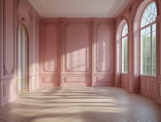 Elegant pink classic interior with ornate moldings, arched window, and natural sunlight casting soft shadows on wooden flooring, creating a luxurious and romantic atmosphere

