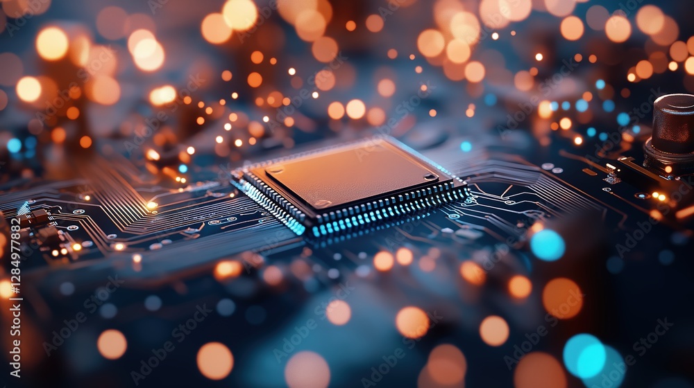 Poster exploring innovative computing technology with microchips digital world close-up view futuristic env