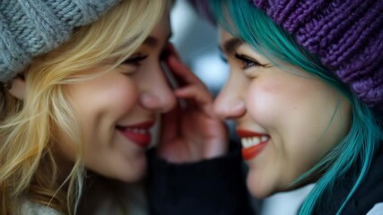 Two friends share a tender moment in close embrace with colorful hairstyles in a cozy winter setting