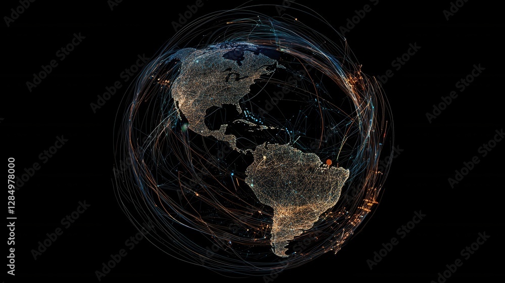 Poster a glowing network of digital lines encircling a virtual earth, with a dark background and subtle tex