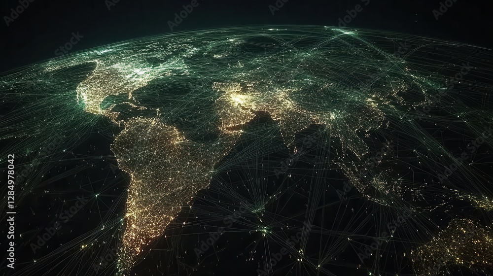 Poster a glowing network of digital lines encircling a virtual earth, with a dark background and subtle tex