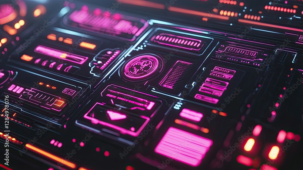 Poster futuristic holographic screen with interactive buttons and glowing elements.