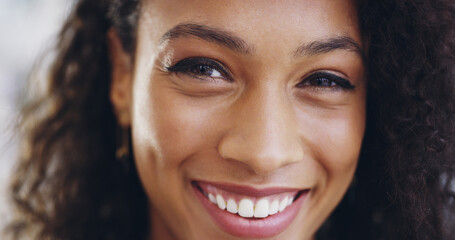Closeup, woman and portrait with smile for dental care, oral hygiene and satisfaction with teeth....