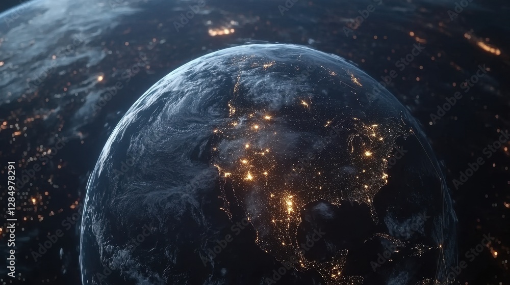 Aufkleber a virtual earth with radiant network lines glowing around it, set against a dark background with a s