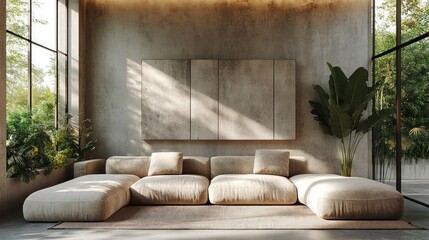 Modern Minimalist Living Room with Beige Sofa and Concrete Wall Art