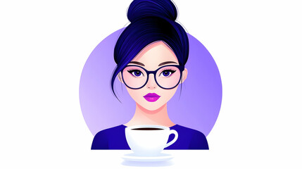 Vector Illustration of a Woman with Purple Hair and Glasses Drinking Coffee