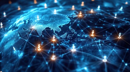 A virtual network of interconnected business nodes and human resources icons, depicting seamless communication across the globe.