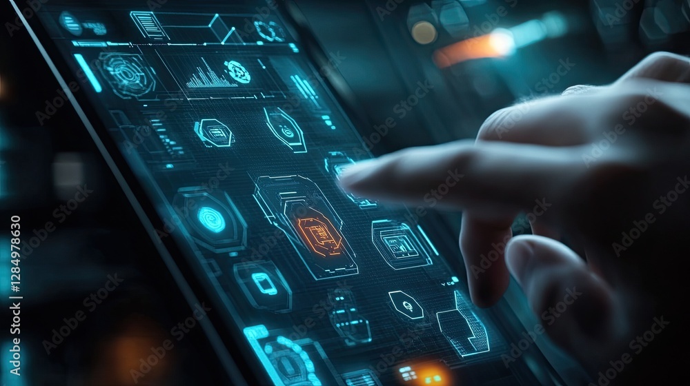 Poster futuristic smartphone interface with glowing icons and dynamic touch gestures.