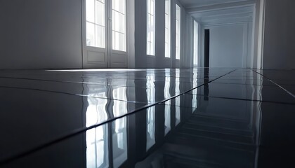 A Bright, Modern Hallway with Reflective Black Tile Flooring and Natural Light Streaming Through Windows