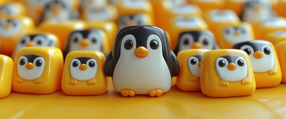 Open Source Operating System Logos with Cute Penguin Icons on White Tiles Against Bright Yellow Background