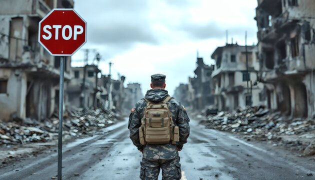 A somber soldier stands next to a stop sign in a desolated street, surrounded by the charred and crumbling remnants of destroyed buildings. This powerful image captures the severe impacts of conflict 