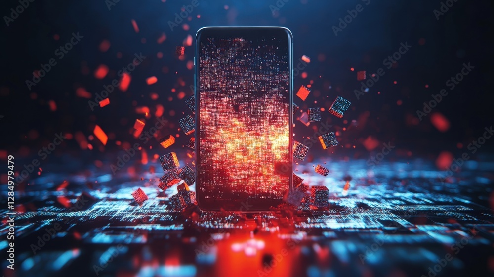 Poster binary code fills a smartphone screen as digital cubes explode around it, creating a dramatic visual