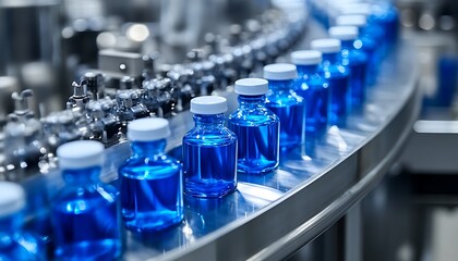 Fototapeta premium Blue liquid bottling, factory conveyor
