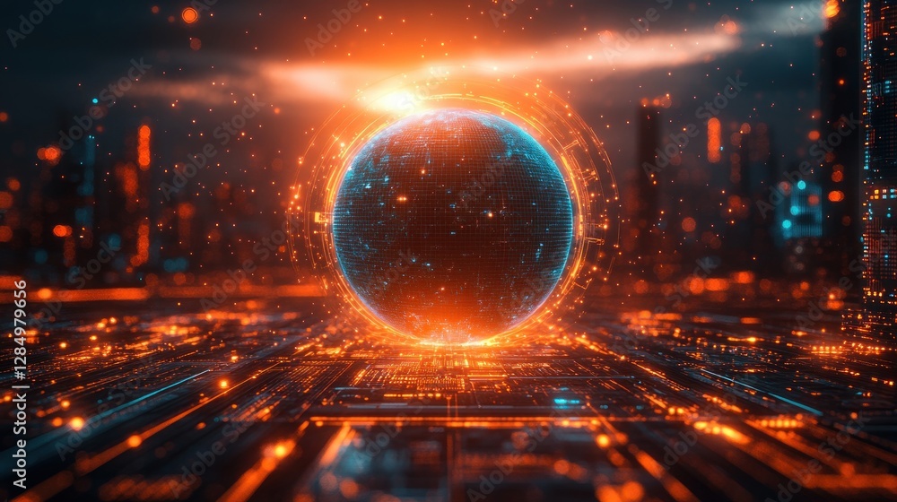 Poster futuristic digital landscape with glowing globe data streams blockchain technology