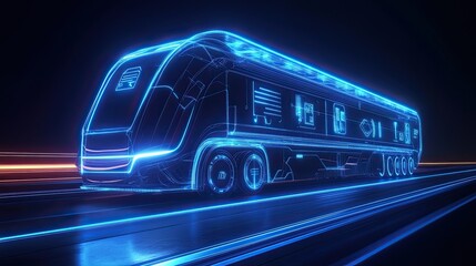 Futuristic transportation design with glowing lines and digital icons, showcasing innovation. 