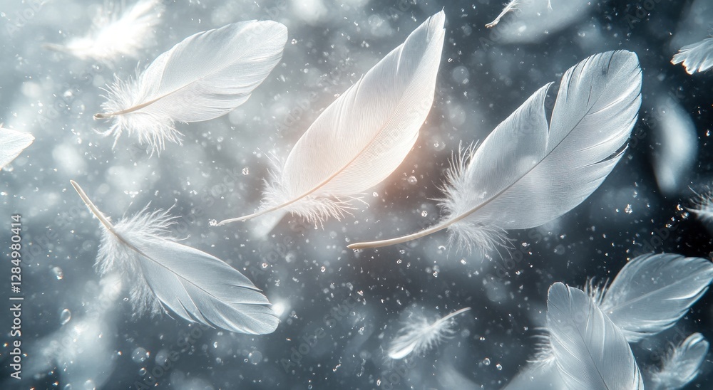 Poster delicate white feathers softly floating against gray background with ethereal lighting and impressio