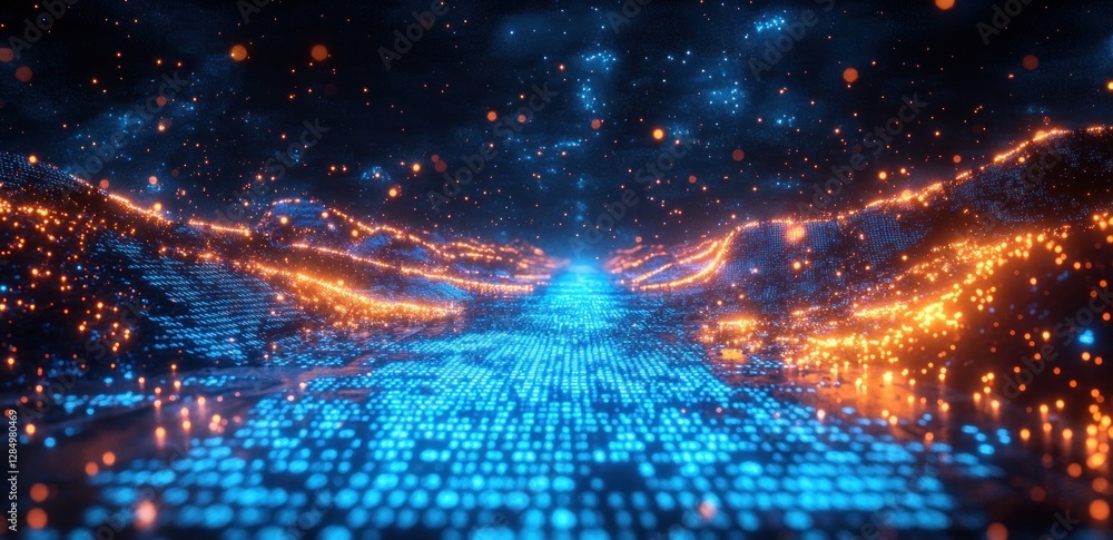 Poster futuristic digital landscape with glowing blue binary code in cyberpunk style