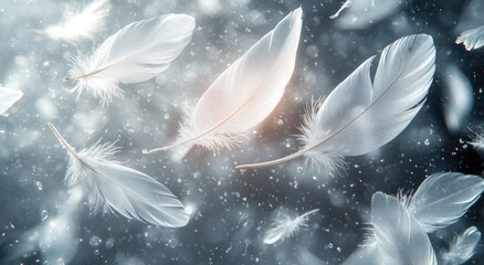 Naklejka premium Delicate White Feathers Softly Floating Against Gray Background with Ethereal Lighting and Impressionistic Style