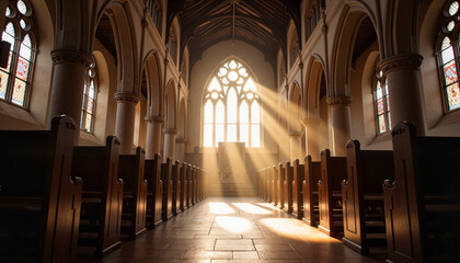 Fototapeta premium Sunlight streaming through church window in medieval interior, spirituality