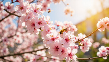 Obraz premium Bee collecting nectar from bright spring blossoms, floral beauty