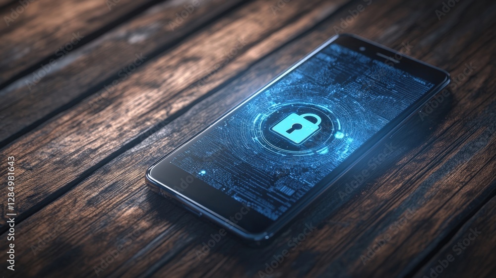 Poster mobile phone displaying glowing padlock icon with futuristic digital code, representing cyber securi