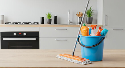A bright orange mop paired with a blue bucket filled with cleaning supplies, set against a sleek modern kitchen backdrop. Ideal for advertising cleaning products, home maintenance, or domestic service