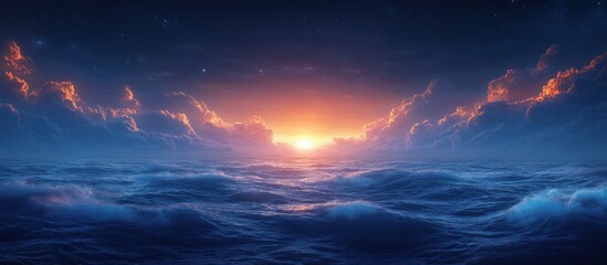 Fototapeta premium Surreal Mystical Landscape Deep Blue Fog Glowing Horizon Ethereal Light Dramatic Shadows Asphalt Background