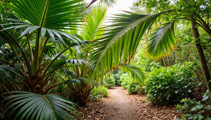 Fototapeta premium Tropical palm branches framing lush forest path, natural beauty