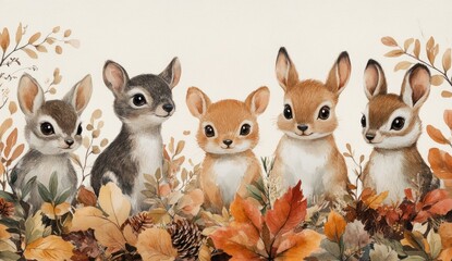 Fototapeta premium Whimsical Watercolor Forest Animals Badger Deer Owl Lynx Squirrel Fox Wolf Moose Hand-Painted Woodland Wildlife