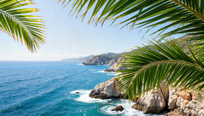 Scenic seaside vista with palm branches and rocky cliffs, tropical tranquility
