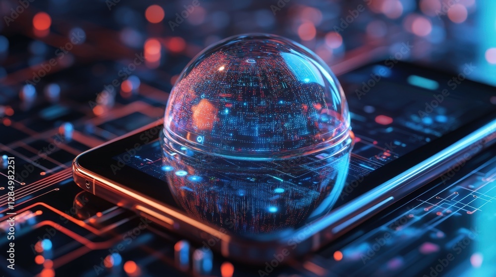 Poster glass dome is protecting sensitive data on smartphone placed on circuit board, representing cybersec