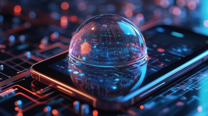 Glass dome is protecting sensitive data on smartphone placed on circuit board, representing cybersecurity, data protection, and privacy in the digital age